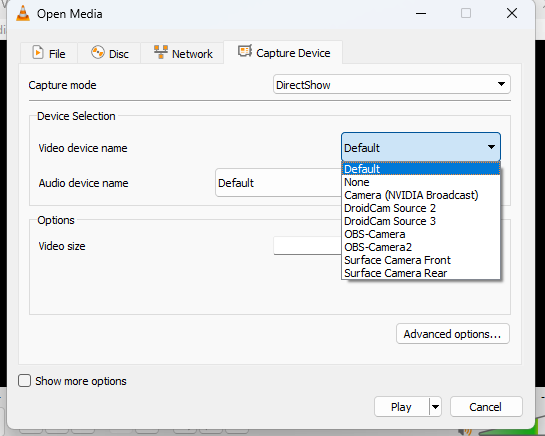 Select the camera from the video device name options.