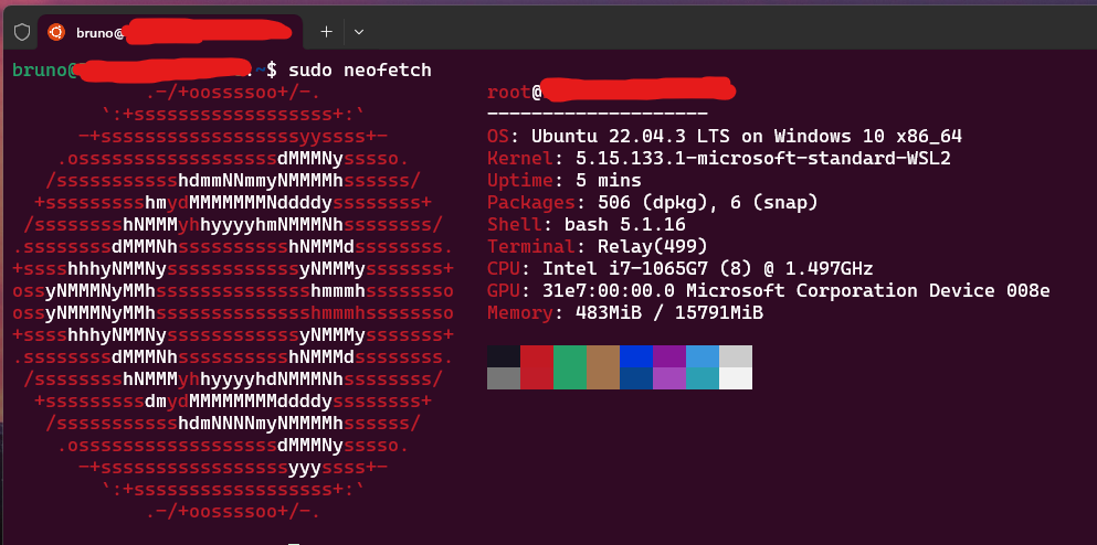 neofetch with a display of the main specs of the Ubuntu distro running in WSL.